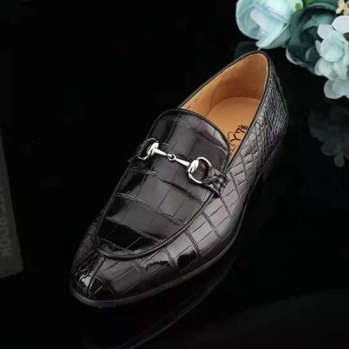100% Genuine real crocodile skin men shoe durable solid crocodile belly skin men dress business shoe black color with cow lining