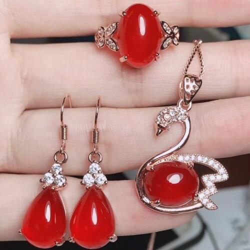 S925 Silver Inlay Natural Red Agate Pendant Set