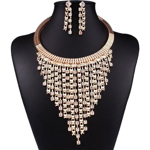 New Fashion Women Jewelry Sets Golden Choker Multi Layer Rhinestone Tassel Bib Pendants Statement Necklace Dangle Earrings Sets