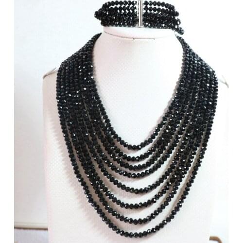 Original design black crystal glass 4*6mm abacus beads 8 rows chain necklace 5 rows bracelet women jewelry set 17-26inch B849