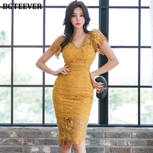 BGTEEVER Elegant V-neck Lace Dress Women 2021 Spring Summer Short Sleeve Pencil Dress Hollow-out Split Slim Waist Femme Vestidos