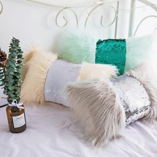 Super Soft Sequined bow Plush Cushion Cover Rectangular Pillow Case Shaggy Chair Sofa Plush Party Wedding Car Seat Decor 30x50cm