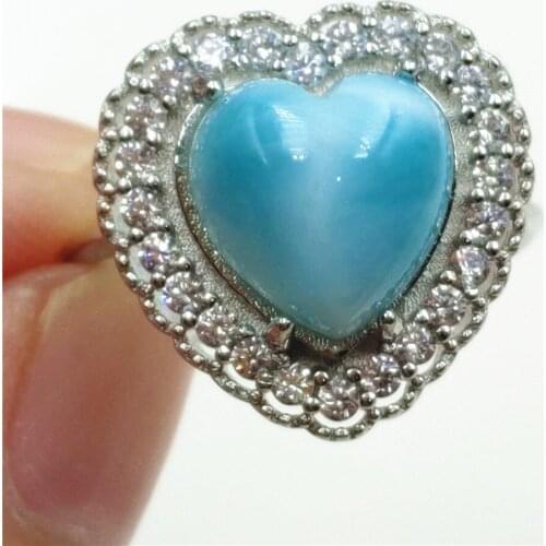 Namibia Natural Larimar Blue Dominia Heart Adjustable Ring Water Pattern Love 10x10mm Larimar 925 Sterling Silver AAAAAA