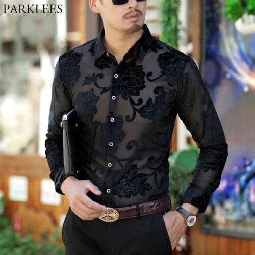 Luxury Transparent Shirt Men Floral Embroidery Lace Shirt For Male Sexy See Through Dress Shirts Mens Club Party Prom Chemise