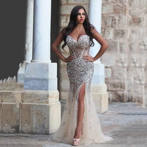 Luxury Crystal Prom Dresses 2021 Sexy Sweetheart Beads Sequins Split Evening Party Gown Bridal Hand Made Robe De Soiree