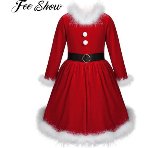 Christmas Kids Baby Girls Red Velvet Dress O-Neck Long-Sleeve High-Waist Back Zipper Dress Party Pageant Santa Claus Dresses
