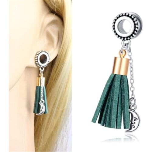 2PCS Stainless Steel Moon Tassel Pendant Ear Plugs Tunnels Flesh Expansions Piercing Earring Gauges Women Sexy Body Jewelry