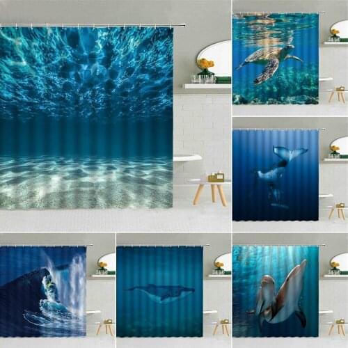 Blue Ocean Underwater Beach Scenery Shower Curtain Dolphin Sea Turtle Whale Waves Animal Landscape Bathroom Decor Hooks Curtains