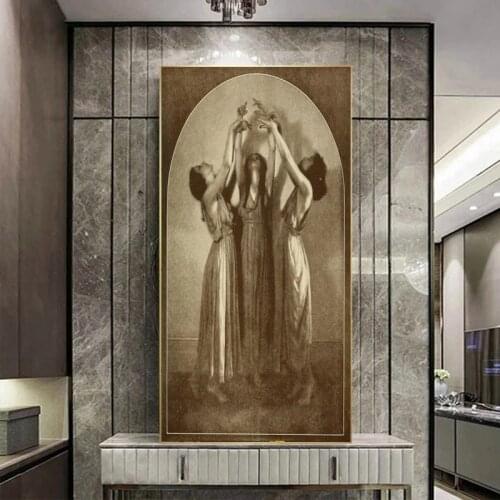 Three Witches Retro Anqitue Wall Art Print Women Dancing Wicca Pagan Sorceress Priestess Coven Witchcraft Seance Canvas Painting