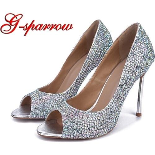 2018 Spring Summer Stone Bride Wedding Shoes 4 Inches High Heel Office Lady Shoes Glitter Bridal Dress Shoes Open Toe Prom Pumps