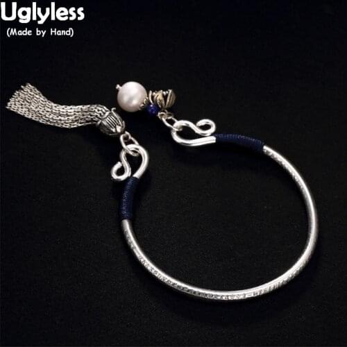 Uglyless Exotic Silver Tassel Bangles for Women Solid 99.9% Full Silver Heart Sutra Adjustable Bangles Pearls Charms Bracelets