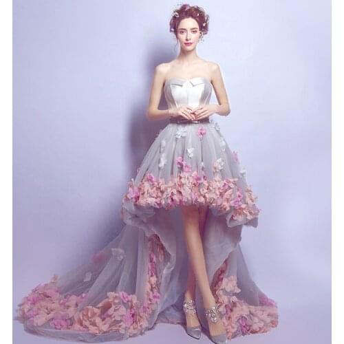 Evening Dresses Illusion Strapless Sleeveless Appliques Bow Train Tulle Lace Luxury Gray Elegant Women Formal Party Gown TS063