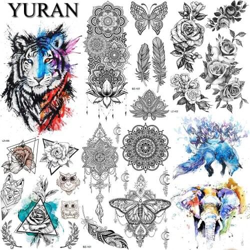 YURAN Flash Tiger Fox Elephant Fake Waterproof Tattoos Stickers Henna Flower Women Tattoo Temporary Mandala Floral Feather Tatoo