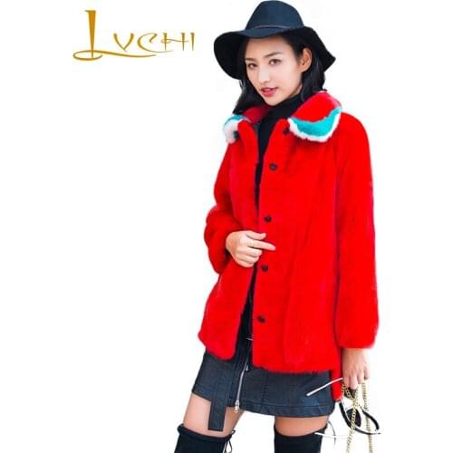 LVCHI Winter 2019 Real Mink Fur Coats Womens Turn-Down Collar Coat Long Full Pelt Causal Button Red 3 D Pint Striped Mink Coats