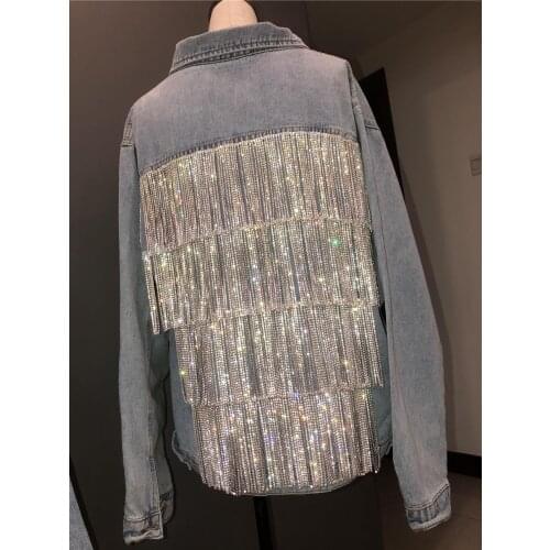 High-Density Chain Tassel Rhinestone Denim Jacket Woman Pop Spring Autumn Diamond Jean Jacket Ladies Streetwear Studded Coat