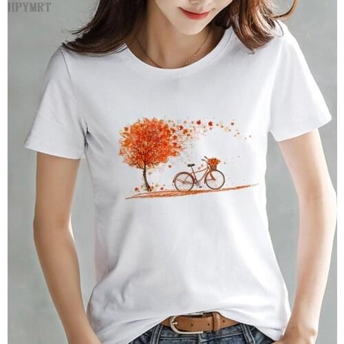 Harajuku Womens T-shirt fashion O-neck 90s Lady Girls Tops Tshirt Beautiful leaves and bicycle Printed Casual T Shirt Female
