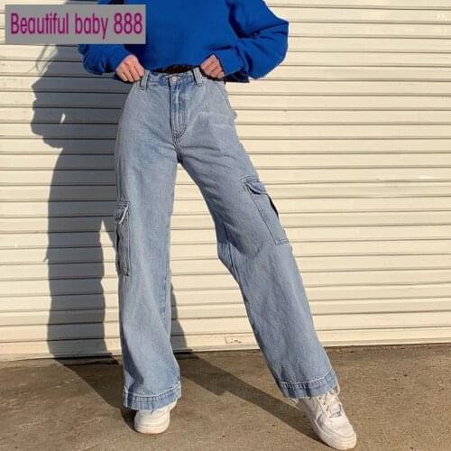 Meqeiss 2020 New fashion Pockets Patchwork High Waist Jeans Women Streetwear Straight Jean Femme Blue 100% Cotton Cargo Pants