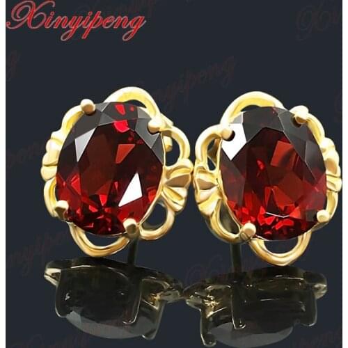 18 k yellow gold with 100% natural Garnet studs earrings Female wine red Simple and easy Fine jewelry