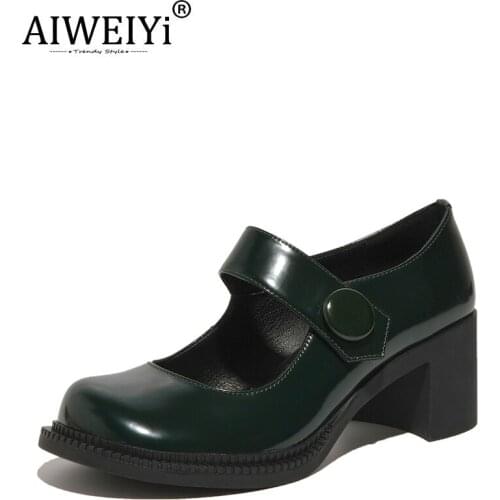 AIWEIYi Retro Buckle Strap Thick Heel Platform Pumps Shallow Mouth Mary Jane Genuine Leather Ladies Shoes Footwear