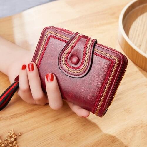Women Wallet Retro Oil Wax Leather European and American Multi-card Organ Card Bag Zipper Short Ladies Wallet