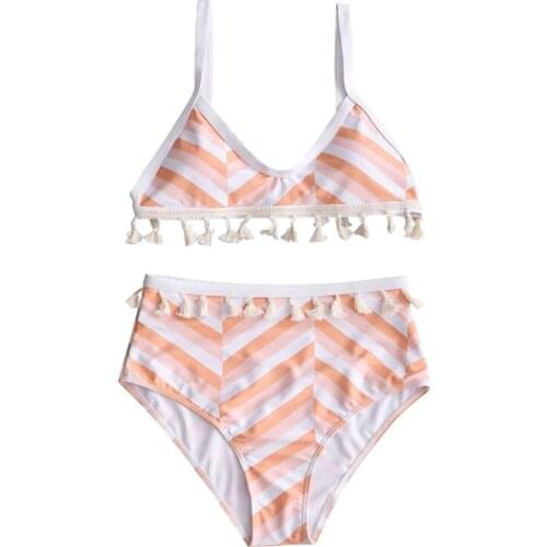 2019 Sexy Womens Stripe Tie Knot Back Shown Cleavage High Waist Bottom Padded Wireless Bikini Set Bathing Suit