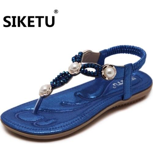 2018 Fashion string beads Shiny Rhinestone Decorated Womens Sandals leisure Large Size Flat with Sandals elastic band shoes