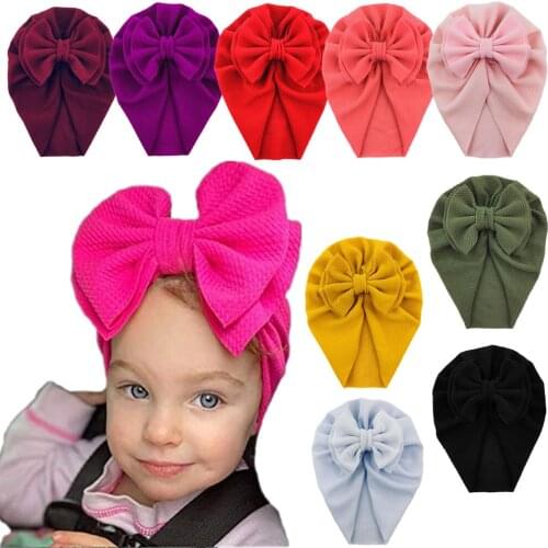 30Pcs Bulk Wholesale Solid Color Seersucker Waffle Fabric Turban Hats Baby Big Bowknot Beanies Top Knot Bonnet Caps Headwear