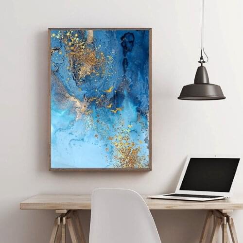 Abstract Blue Sky Canvas Paintings Bird Gold leaf Wall Art Prints Poster Living Room Decor Decorative Paintings Wall Home Decor