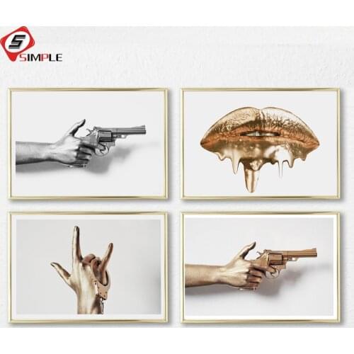 Bang Bang Abstract Painting Hand with Gun Wall Pictures For Living Room Pop Art Canvas Prints And Posters Golden Lips Decoration
