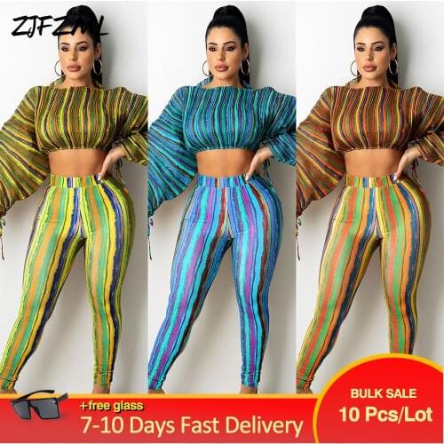 Bulk Items Wholesale Lots Womens Set Fall Clothes for Women 2 Piece Pant Suits Striped Print Lantern Sleeve Top with Trousers