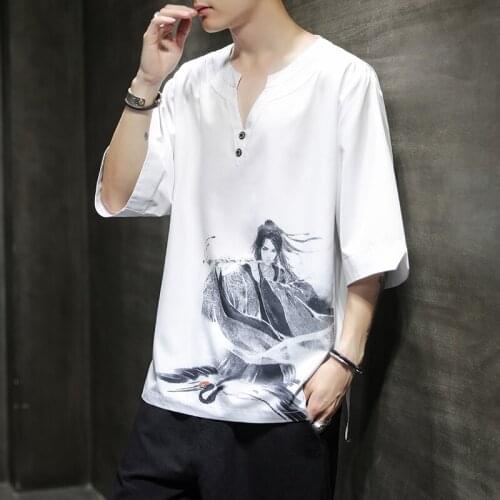 Chinese Style T Shirt Men Linen Hanfu Ancient Style Printing Thin Short Sleeve Loose Large Size Tops 5XL Fashions Clothing Male
