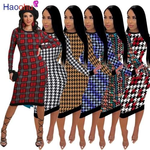 HAOOHU Houndstooth Print Women Long Sleeve Midi Dress Bodycon Sexy Streetwear 2021 Spring Club Elegant Slim