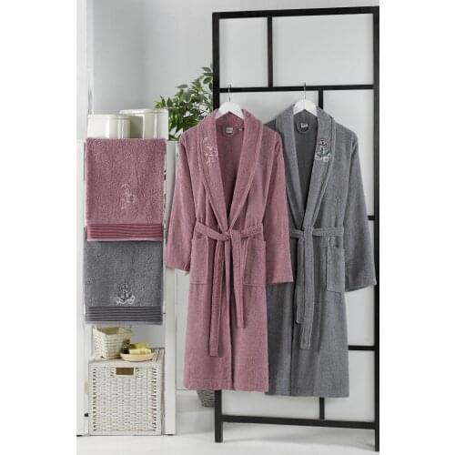 In family Robe Set-Anthracite and Damson-Female M Size-Men L Size-Gredel 4 Piece