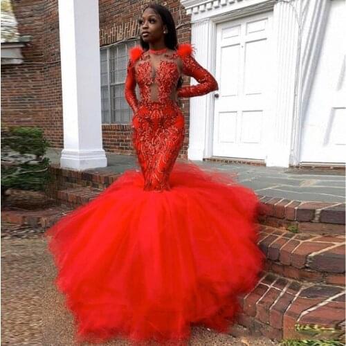 Red Mermaid Prom Dresses 2020 Long Sleeve Sequin Applique African Black Girls Evening Dress Tulle Sweep Train Party Gowns
