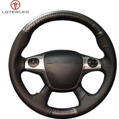 LQTENLEO Carbon Fiber Black Leather Car Steering Wheel Cover For Ford Focus 3 2011-2014 Escape 2013-2016 C-MAX 2011-2018 Transit