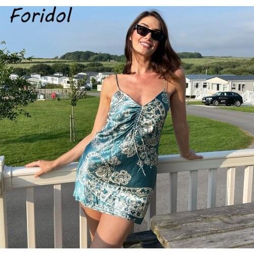 Foridol Print Floral Mini Satin Party Dress Sleeveless Ruched Short Summer Beach Dress Blue Strap Sundress