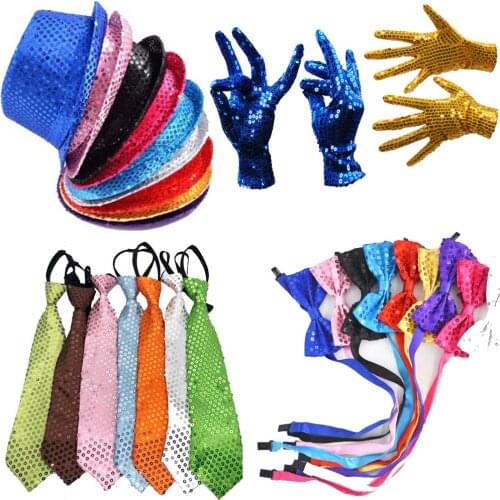 Boy Girl Men Woman Sequin Hat Bow Tie Gloves for Fancy Dress Birthday Party Cap Jazz Hat Dance Show Tie Wedding Props Costume