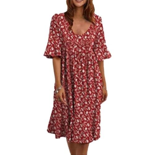 Fashion Ladies Dress Plus Size O-Neck Printing Half Sleeve Loose Female Sundress Ruffle Cuff Short Sleeve Dresses Robe Femme