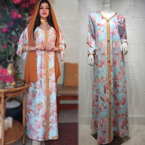 Muslim Fashion Long Dress for Women Ribbon Loose Plus Size Floral Maxi Dresses Hijab Arabic Dubai Robe Middle East Clothes New