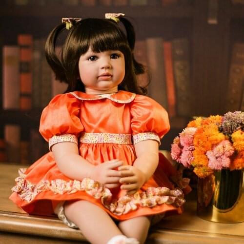 Soft Silicone Vinyl Dolls 60cm Doll Reborn Baby Brown long hair Girl Handmade Cotton Body Lifelike Bebe juguetes Babies Toys bon