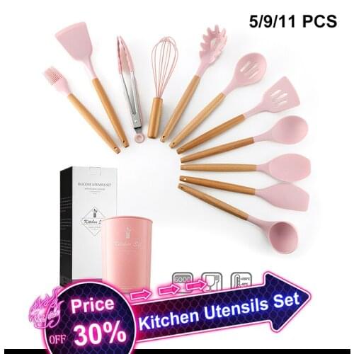 Kitchen Utensils Set For Cooking Silicone Non-Stick Barreled Cookware Set With Wooden Handle Spoon Spatula Ladle Egg Beaters