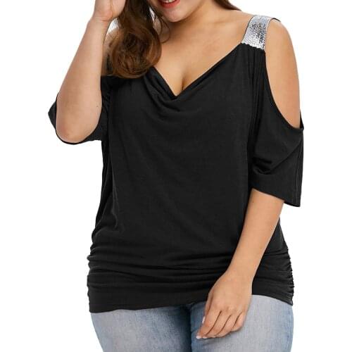 Plus Size Solid Color Cold Shoulder Woman Tshirts Loose Casual Short Sleeve V Neck Shirt Top Graphic Tees Women Mujer Camisetas