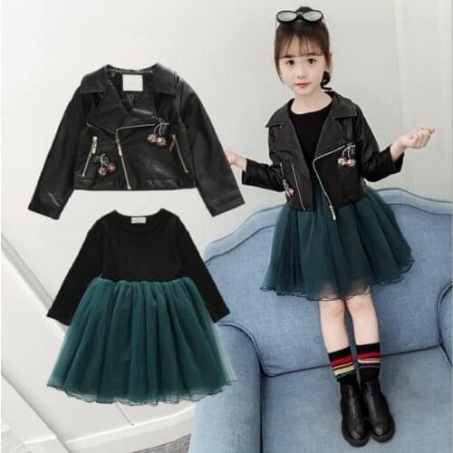 2021 new kids suits for girls autumn clothes big kids leather jacket + mesh dresses 2 pieces suit 3-12yrs teenagers wear