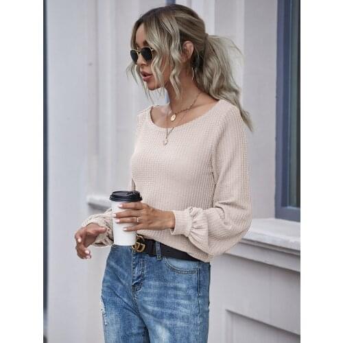 DIFIUPAI Autumn Womens Shirt O-neck Thread Slim Temperament Long Sleeve Office Lady Solid Casual All-match Knitting Top Apricot
