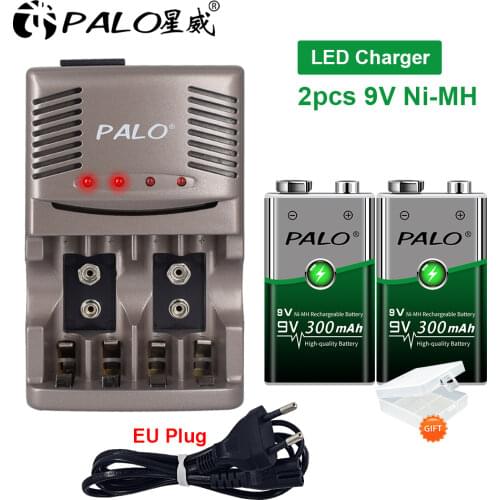 PALO 4 slots smart Battery Charger 1.2v AA AAA 9v battery with LED indicated light+2 pcs 9v 300mah nimh rechargeable batteries