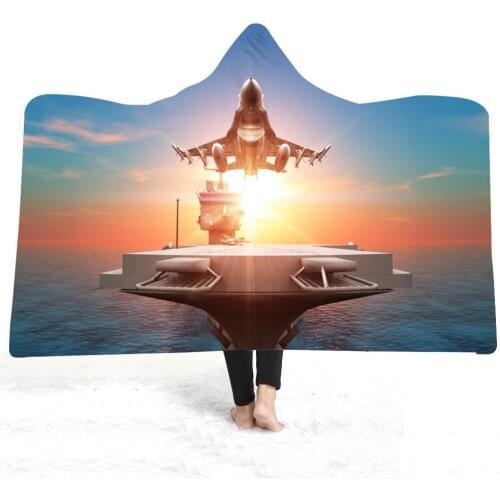 Plush Hooded Blanket Plane Spacecraft Print Sherpa Fleece Blankets Adults Wearable Blanket Sky Space Dream Winter Sofa Bed Cover