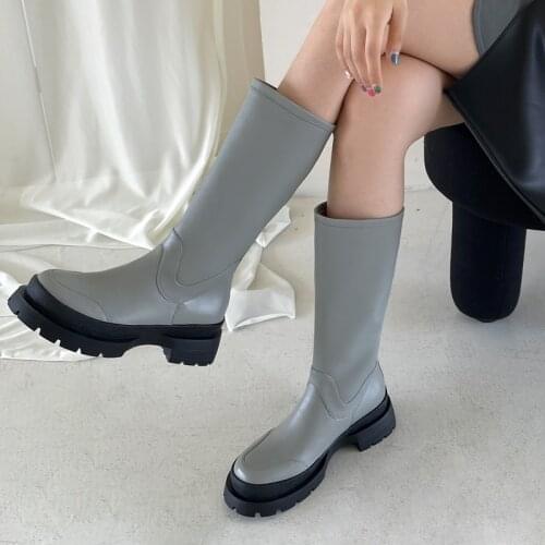 Chunky Heels Platform Boots Womens Boots Pu Leather Slip On Mid Calf Boots Round Toe Flat Shoes Women Footwear Ladies Booties
