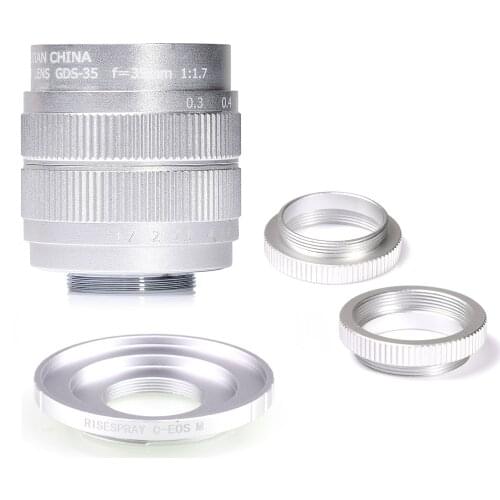 Silver Fujian 35mm f/1.7 APS-C CCTV Lens+adapter ring+2 Macro Ring for for Canon EF-M EOSM Mirroless Camera M1/M3/M5