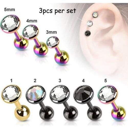 Showlove-3pcs Titanium Anodized Flat Gem Ear Helix Tragus Cartilage Bar Earrings Ear Studs Piercing Mixed 3mm&4mm&5mm