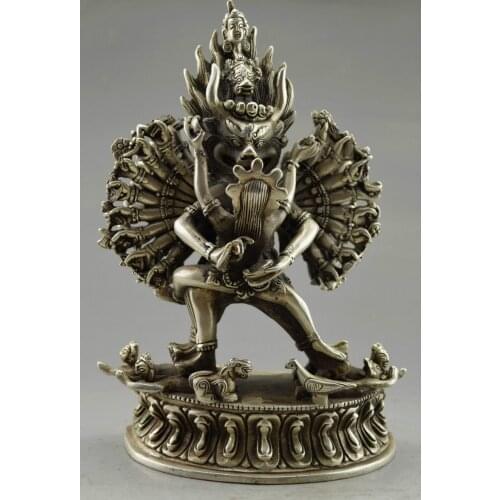 Elaborate Collectible Decorated Old Handwork Tibetan Silver Yamantaka Buddha Statue sculpture
